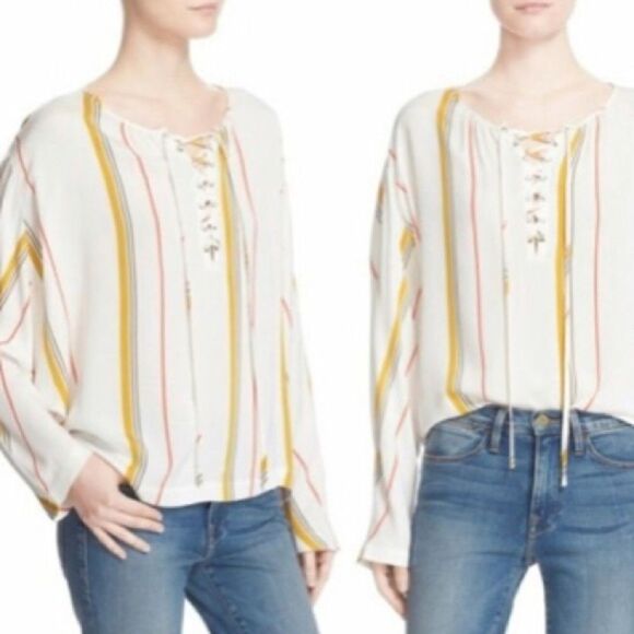 Frame Saffron Summer Stripe White Silk Blend Lace Up Blouse - Picture 1 of 15
